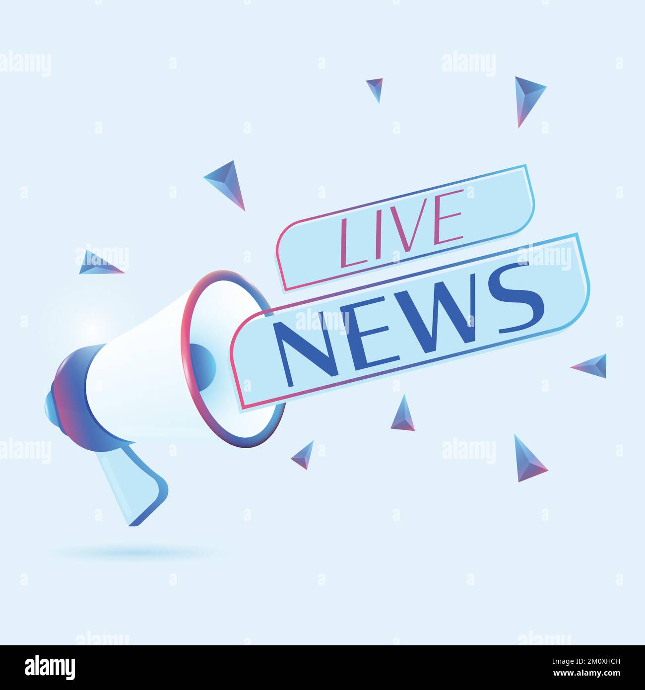 Testo delle notizie dal vivo con illustrazione realistica del vettore del megafono in 3D. Modello banner per annunciare le novità sul webinar sui social media e sul corso di formazione Illustrazione Vettoriale