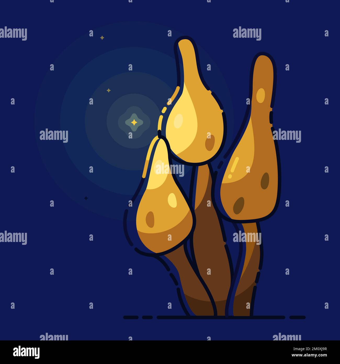 Fiaba notturna con magici funghi gialli con luci su sfondo blu in stile cartoon. Illustrazione Vettoriale