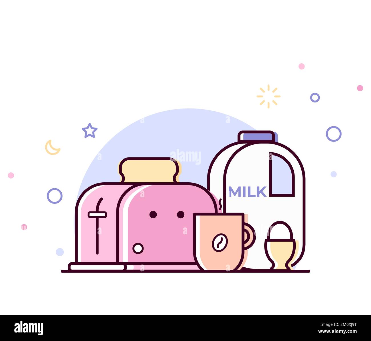 Buona colazione. Tostapane, tazza di caffè, latte, uova, pane sono disegnati in uno stile piatto e lineare. Colori pastello. Illustrazione Vettoriale