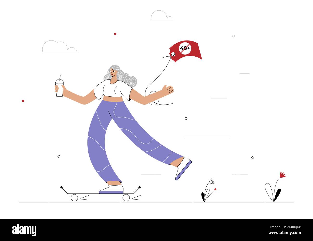 Vector disegno piano illustrazione con una nonna felice cavalca skateboard con un bicchiere di caffè nelle sue mani e l'età tag sui suoi abiti. Illustrazione Vettoriale