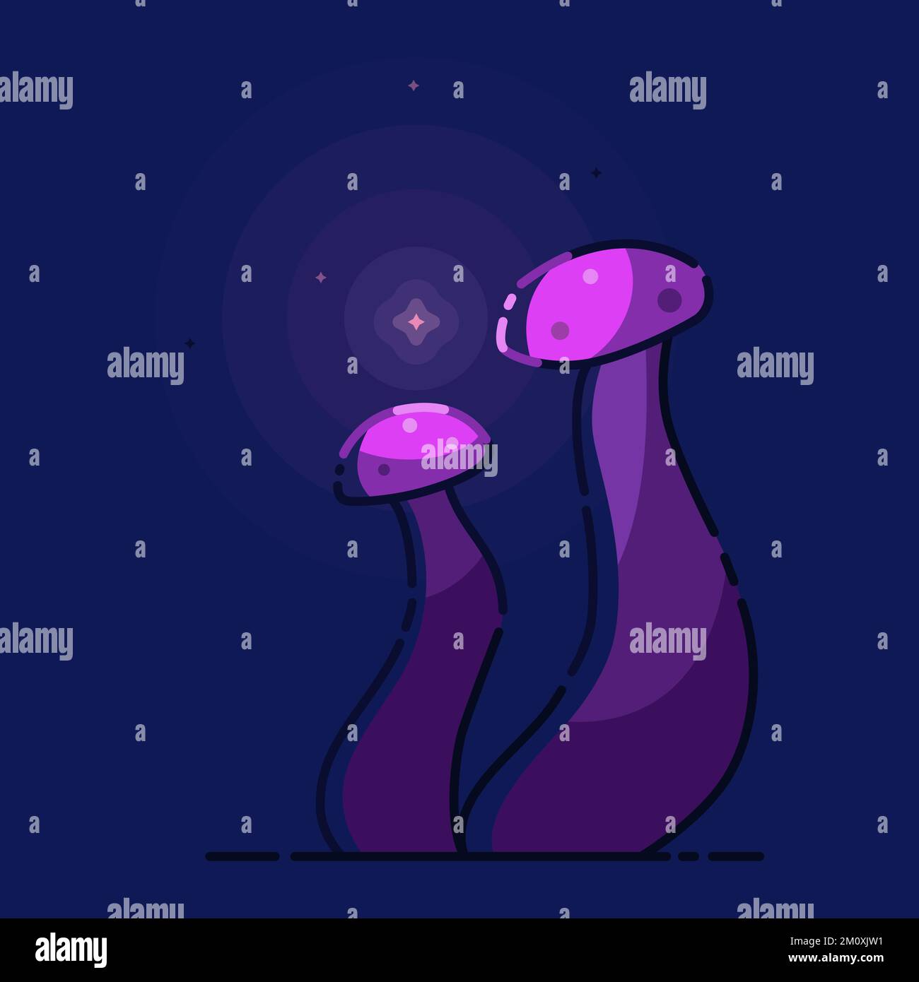 Fiaba notturna con magici funghi porpora luminosi su sfondo blu. Illustrazione Vettoriale