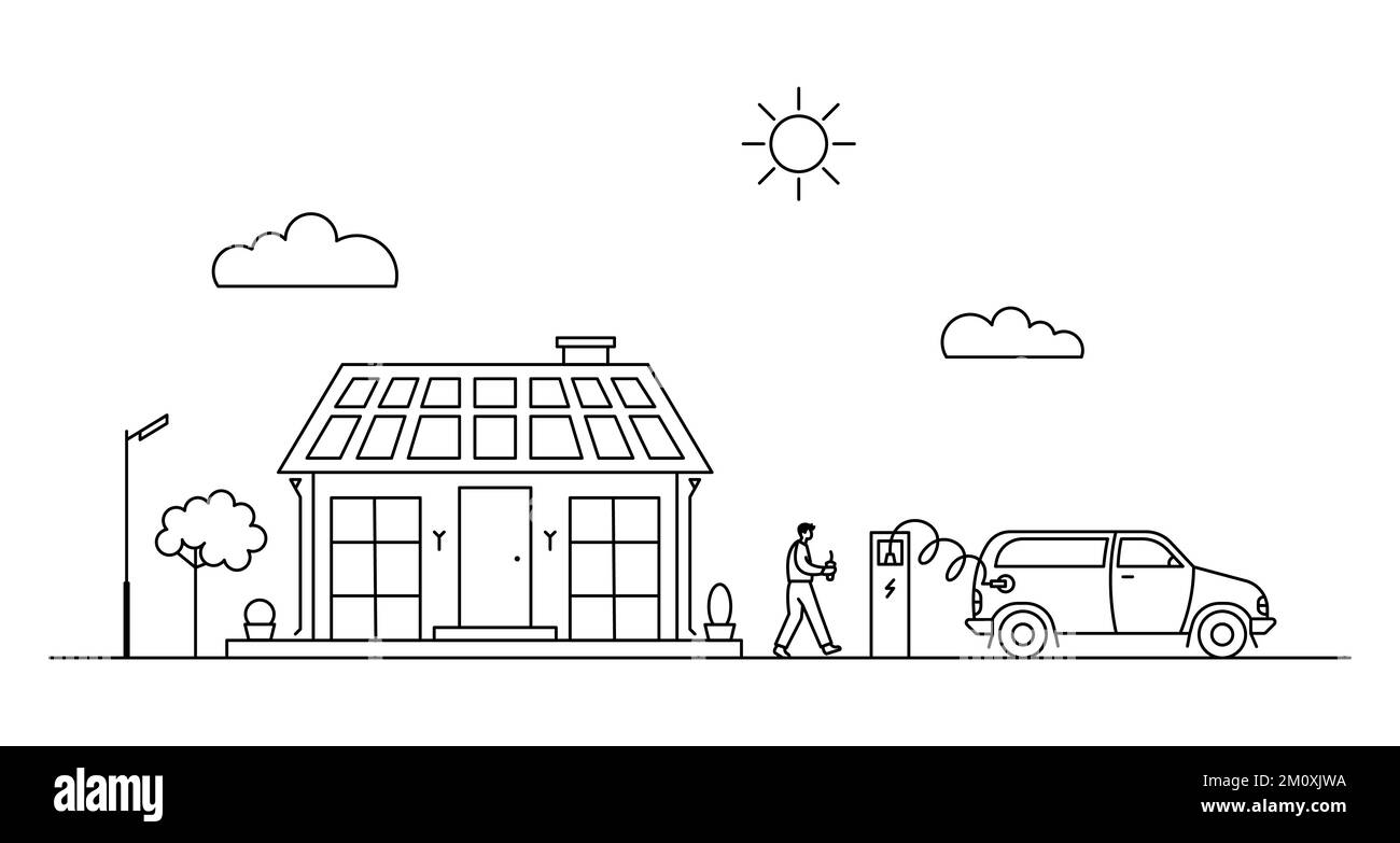 Illustrazione grafica vettoriale con paesaggio urbano suburbano, uomo con caffè e auto elettrica intelligente in carica. Illustrazione Vettoriale