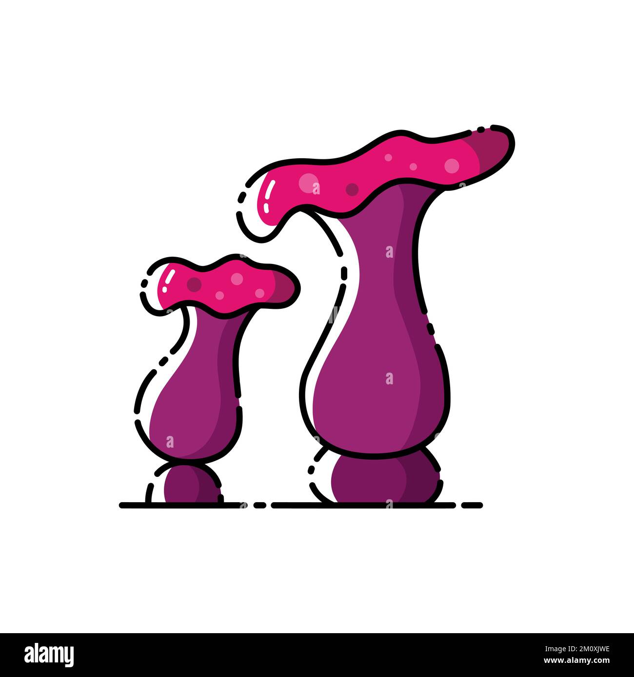 Illustrazione in stile cartoon piano vettoriale con due funghi veleni mistici viola su sfondo bianco isolato. Illustrazione Vettoriale
