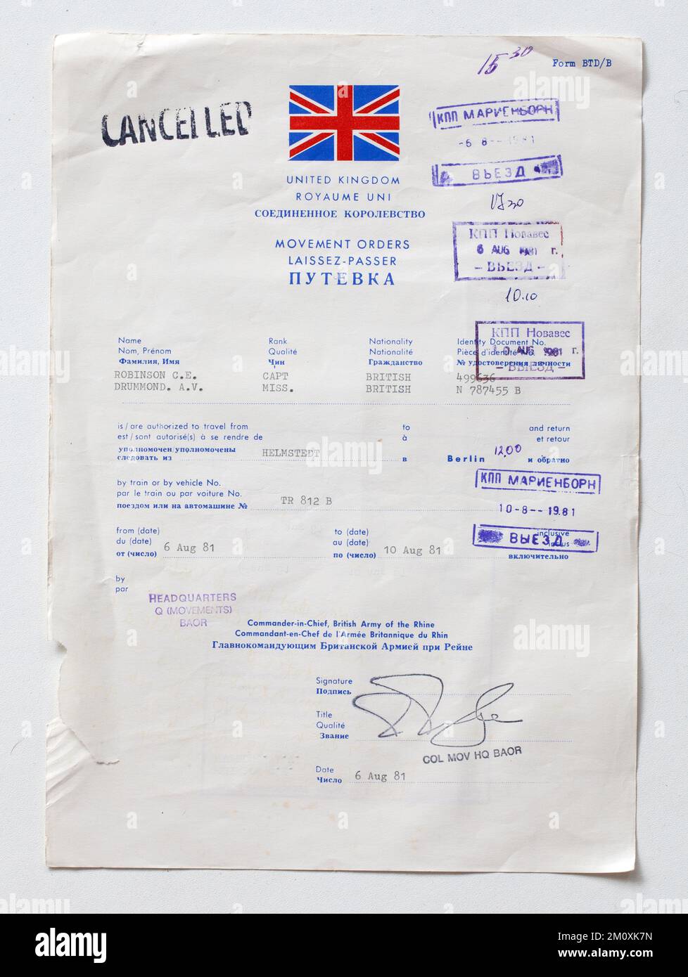 1980s Military British Army Movement Orders Foto Stock