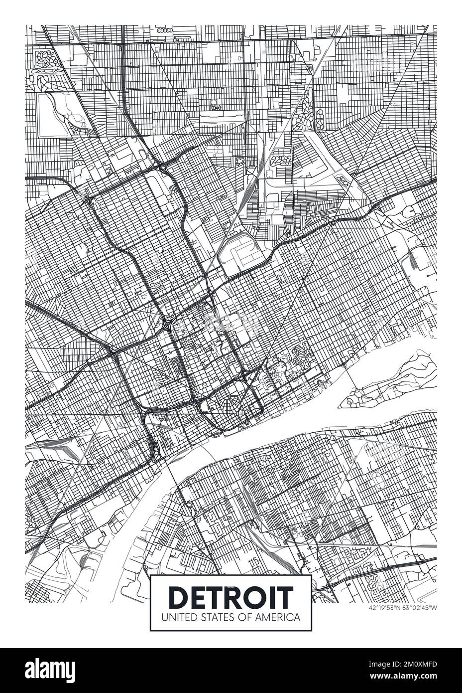 Mappa della città di Detroit, disegno di poster vettoriale di viaggio Illustrazione Vettoriale