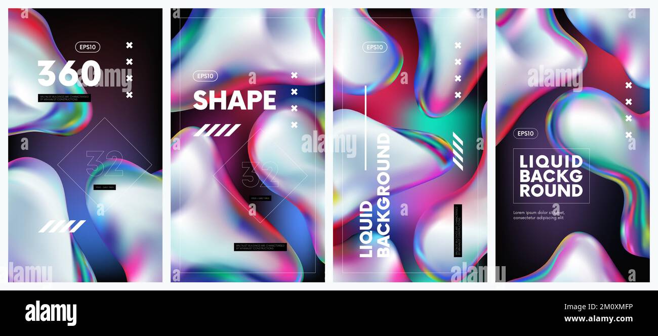 Sfondo astratto Set con liquido spruzzi rainbow benzina goccia bolla, iridescente olografica gradiente colorato fluido 3D forme, moderna arte vettoriale Illustrazione Vettoriale