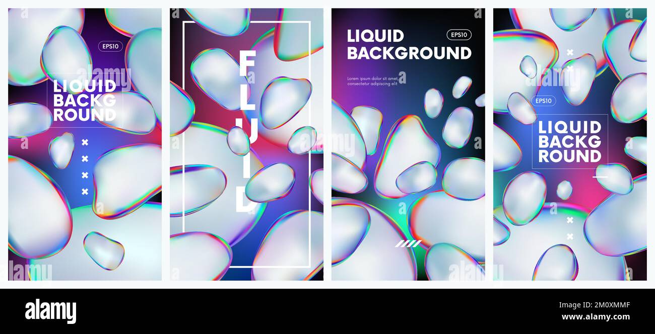 Sfondo liquido astratto con sfumatura olografica iridescente colore forme rotonde, forme fluide cromate con trasfusione multicolore, colorato Illustrazione Vettoriale