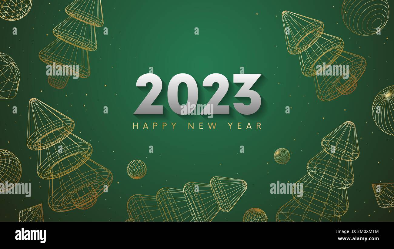 2023 Felice vacanza vettoriale di Capodanno su sfondo verde con coriandoli d'oro glitter, albero di Natale e palle di Natale, cornici decorative dorate 3D Illustrazione Vettoriale