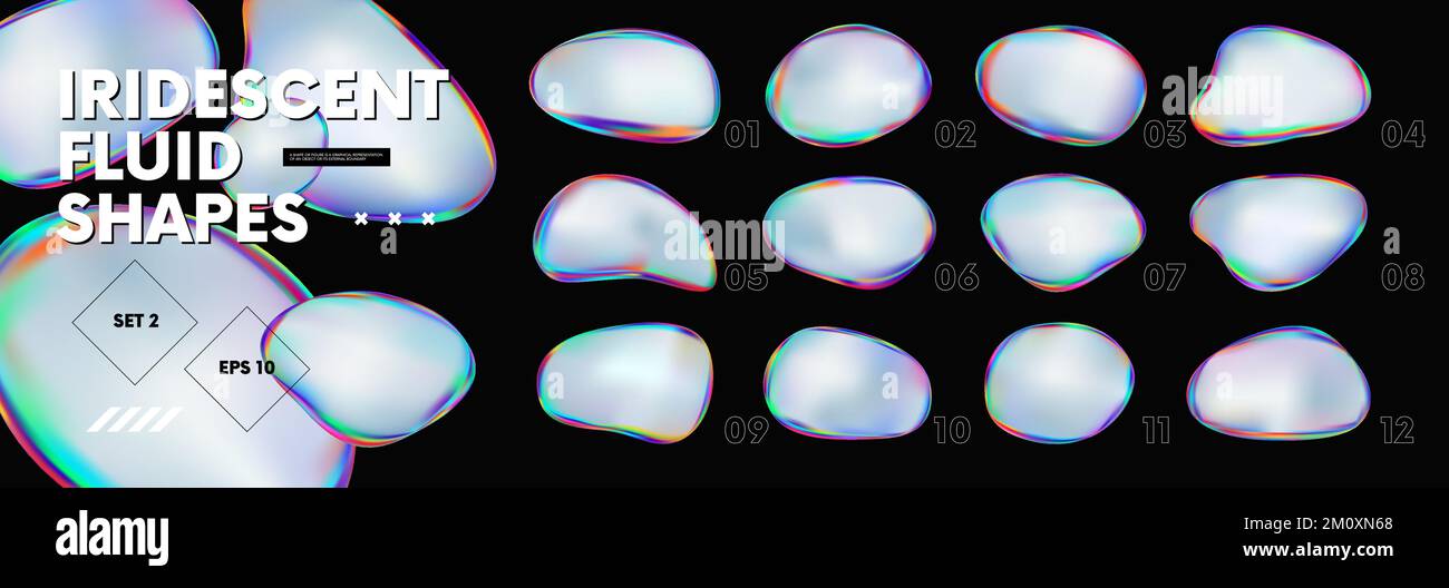 Forme fluide olografiche iridescenti 3D, bolle d'arcobaleno amorfe colorate e colorate astratte, elementi vettoriali a gradiente di chameleon fluorescenti di v Illustrazione Vettoriale