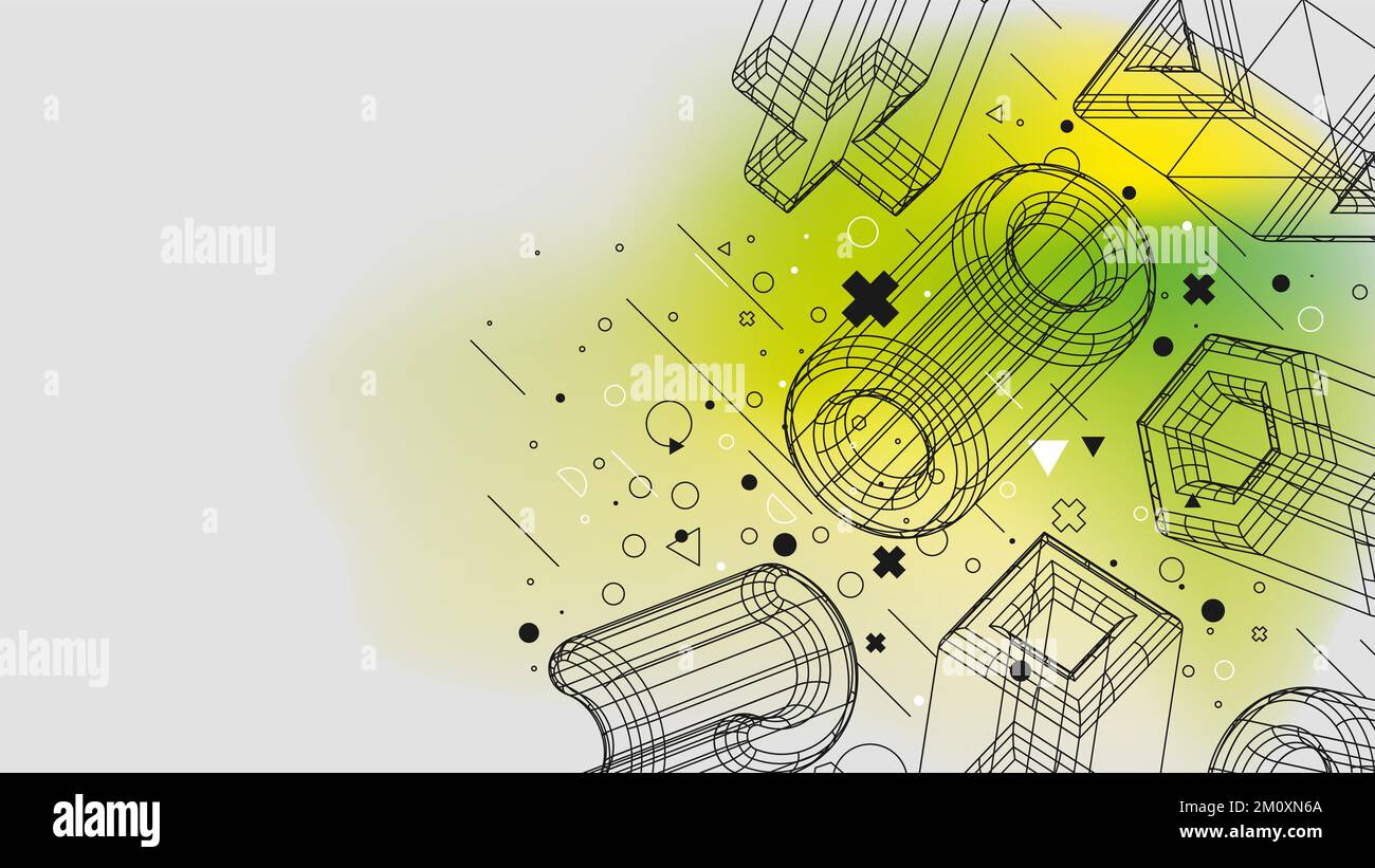 Struttura wireframe figure retrofuristico astratto sfondo gradiente, Vector poster con strani wireframe di forme geometriche design moderno in Illustrazione Vettoriale