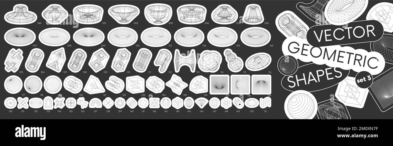 Set adesivi con diverse forme lineari collezione strani wireframe vettore 3D forme geometriche, elementi di design ispirati al brutalismo, distorsione e Illustrazione Vettoriale