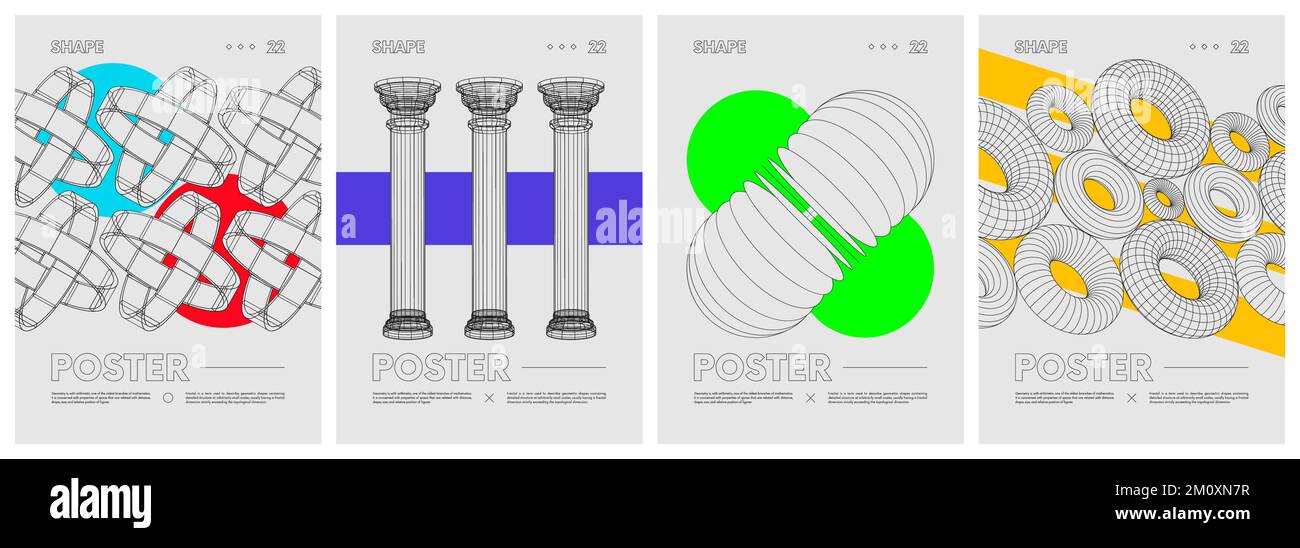 Strani wireframe di forme geometriche e figure geometriche colorate, opere d'arte compositive contemporanee, design moderno ispirato al brutalismo, abrac Illustrazione Vettoriale