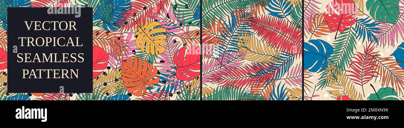Motivi senza cuciture con foglie e piante esotiche tropicali, collage contemporaneo composizione vettoriale alla moda, set 7 Illustrazione Vettoriale
