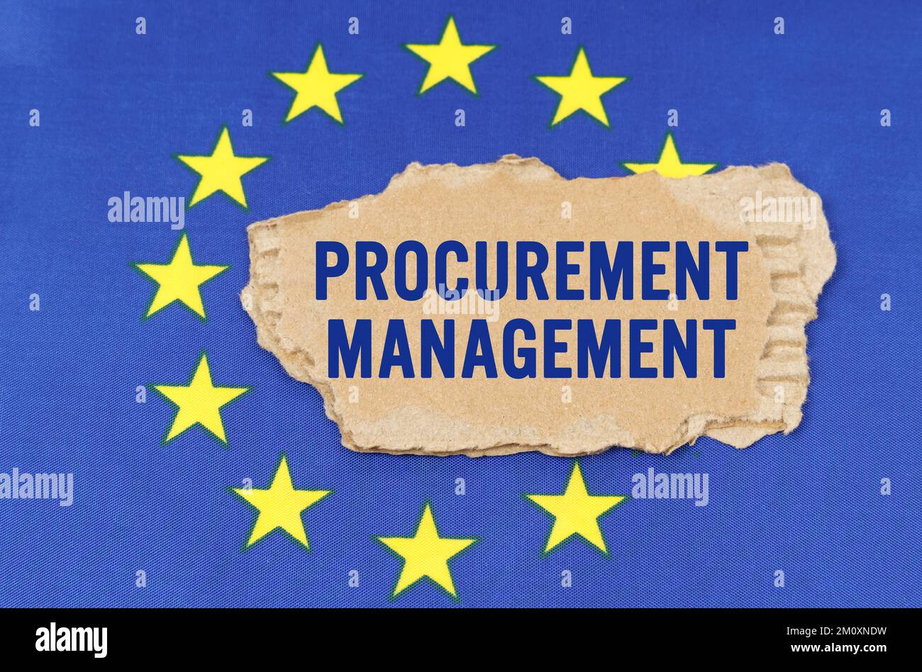 Concetto di business e finanza. C'è una scatola di cartone sulla bandiera dell'UE che dice: GESTIONE DEGLI APPALTI Foto Stock