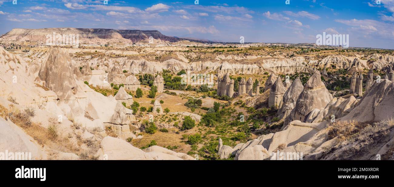 Formazioni geologiche uniche in Love Valley in Cappadocia, popolare destinazione di viaggio in Turchia Foto Stock