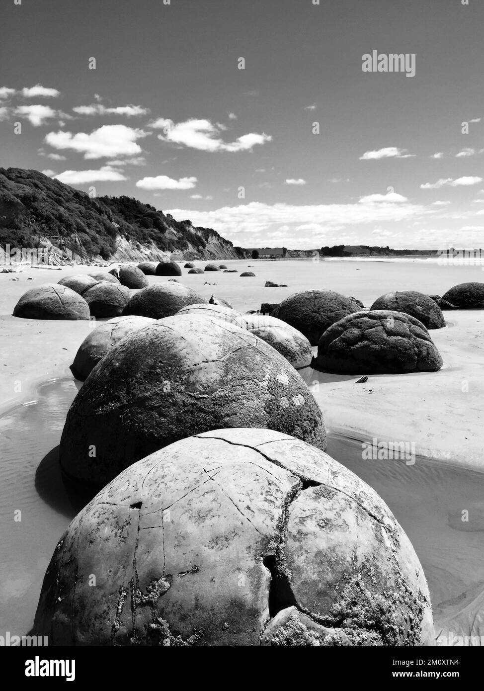 foto in bianco e nero dei massi moeraki di fama mondiale. Foto Stock