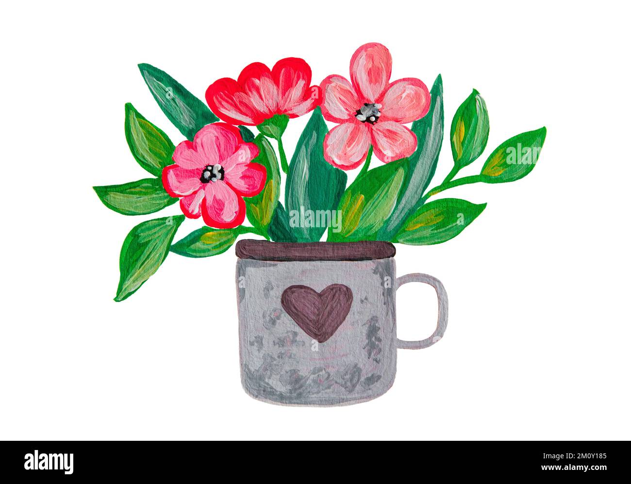 Bouquet luminoso fiori acrilici dipinti in una tazza con un cuore. Illustrazione. Disegnato a mano. Festa della mamma, matrimonio, compleanno, Pasqua, San Valentino. Foto Stock