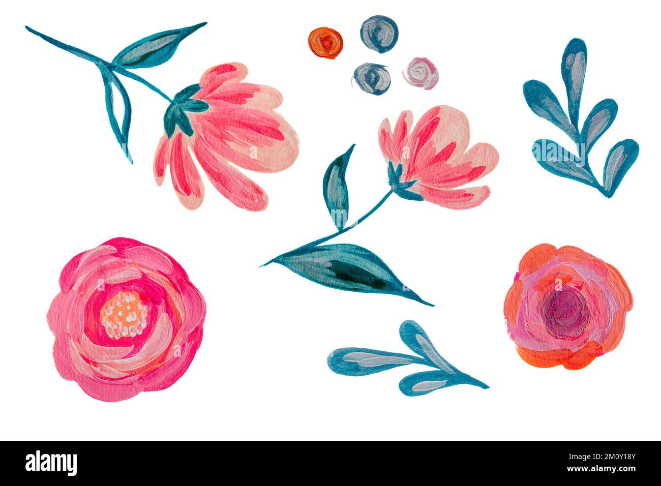 Fiori e foglie elementi disegnati a mano. Illustrazione. Acrilico paints.wrapper, sfondi, cartoline, biglietti d'auguri, inviti di nozze, romantico ev Foto Stock