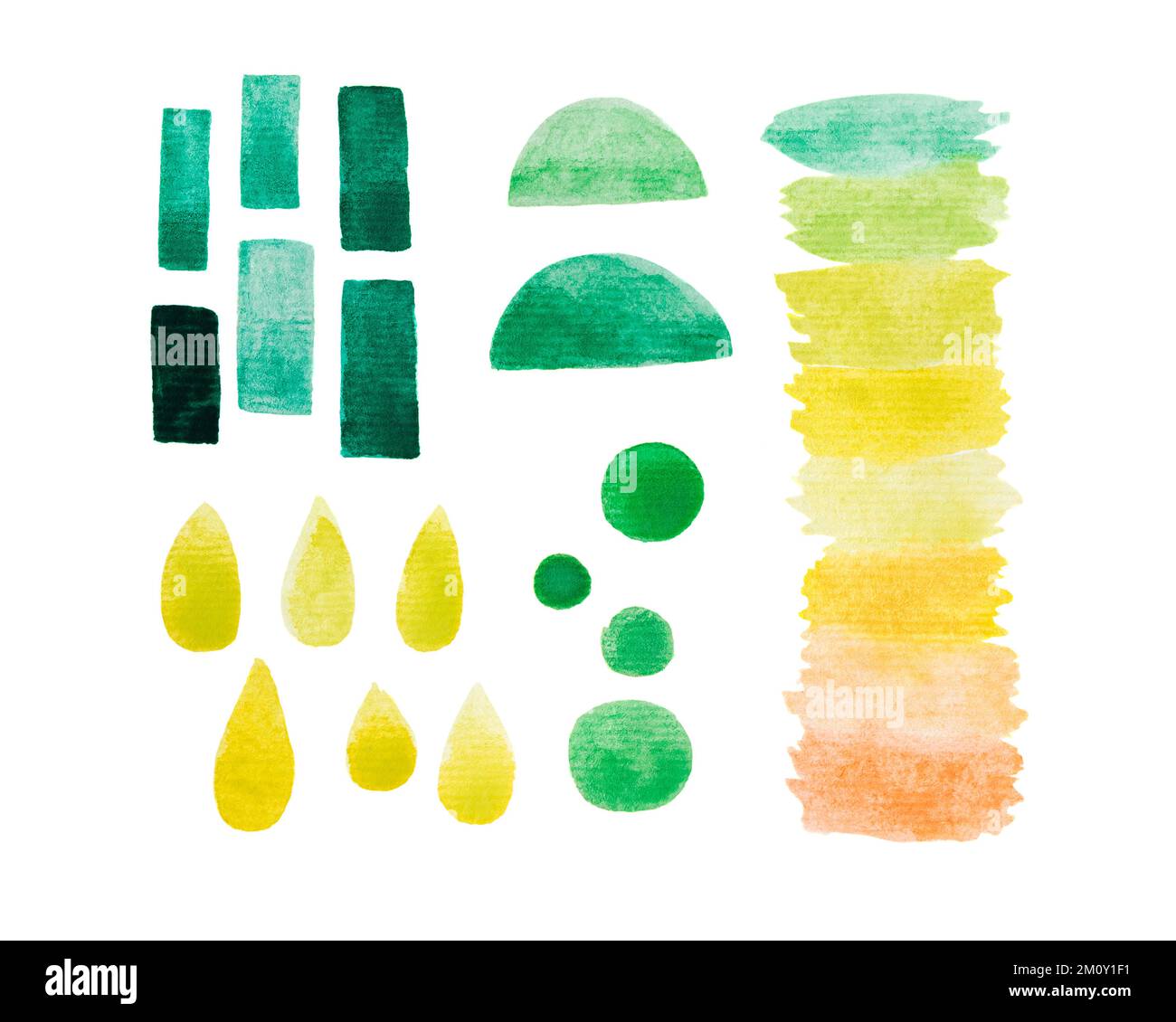 Set di elementi di pittura a mano acquerello. Colori giallo, verde, smeraldo. Colorazione multicolore. Illustrazione acquerello Foto Stock