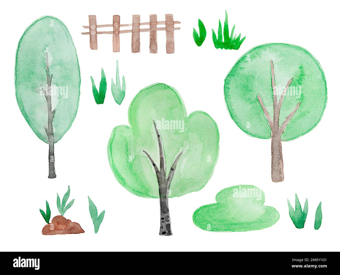 Acquerello disegnato a mano insieme di alberi, elementi floreali, erba e recinto. Isolato su bianco. Elemento di design naturale ed ecologico. Illustrazione con clip art Foto Stock