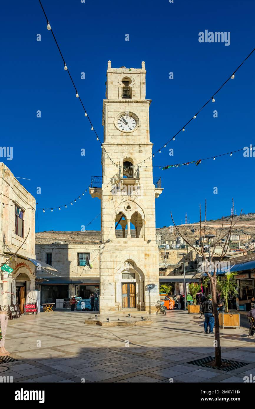 Torre dell'Orologio di Manara nel centro di Nablus, West Bank, Palestina. Foto Stock