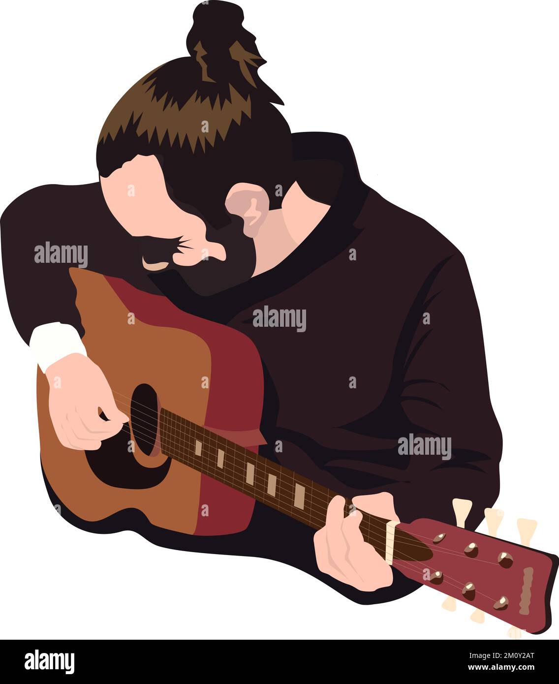 Illustrazione vettoriale del chitarrista. Uomo con capelli mordente e barba che suona la chitarra. Illustrazione Vettoriale