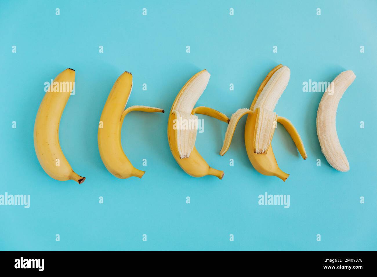 Banane fresche su sfondo blu. Giacitura piatta. Fondo di frutta. Modello di cibo Foto Stock