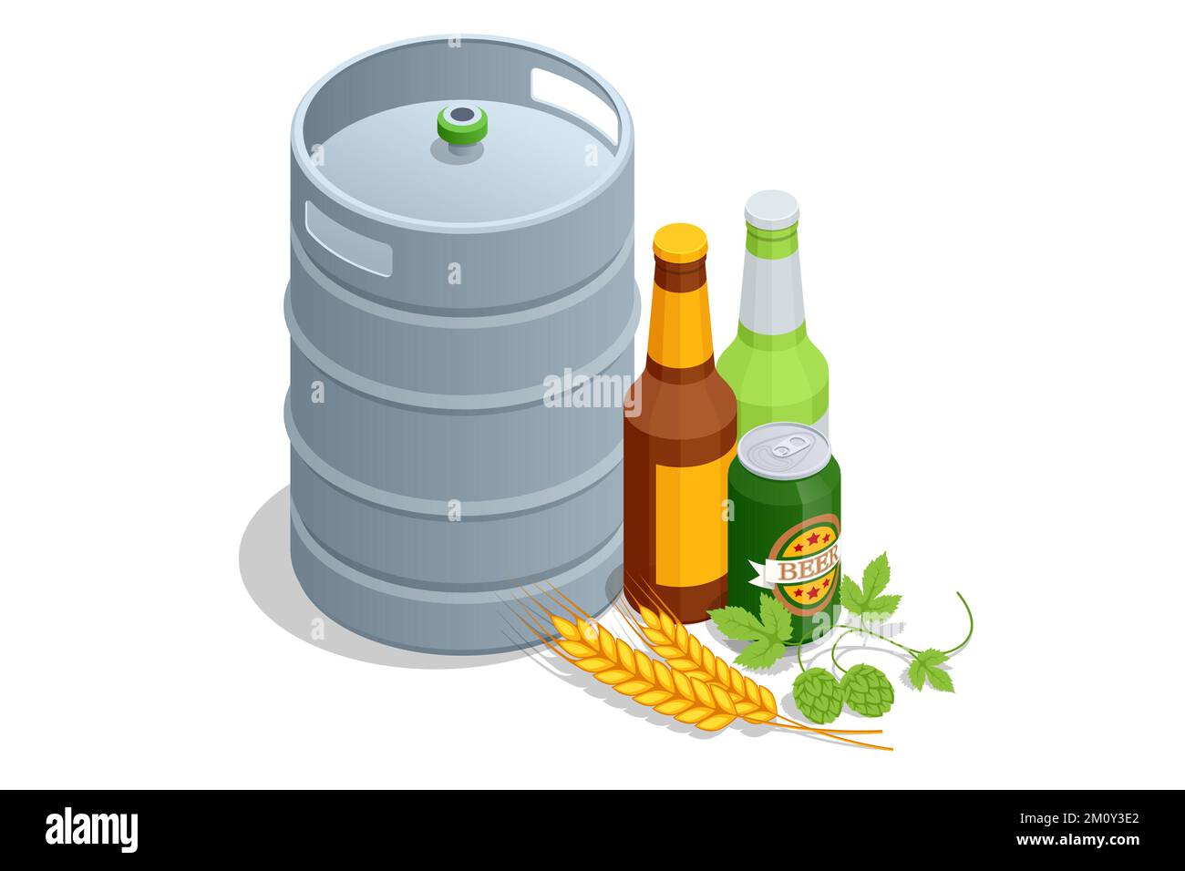 Bottiglia di birra isometrica con gocce. Bicchiere di birra e bottiglia di birra isolati. Bevanda alcolica. Produzione di birra artigianale Illustrazione Vettoriale