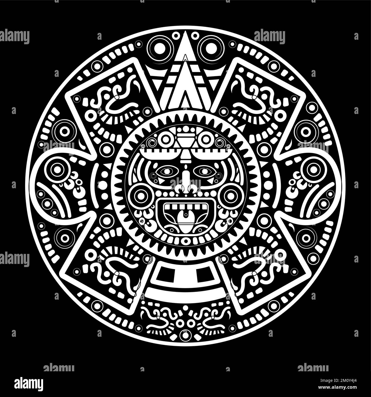 Calendario ruota Aztec sacro Dio del sole Maya, simboli Maya etnico maschera, tatuaggio bianco cornice rotonda bordo vecchio logo icona vettore illustrazione isolata Illustrazione Vettoriale