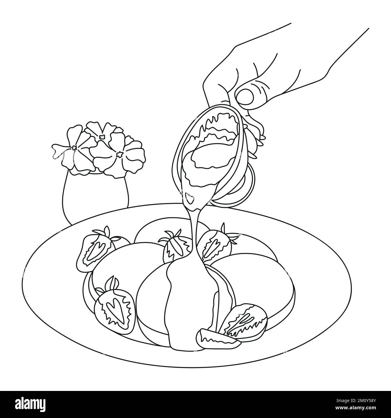 Ancora vita di dessert, fragole e fiori. Illustrazione vettoriale nello stile di schizzo. Illustrazione Vettoriale