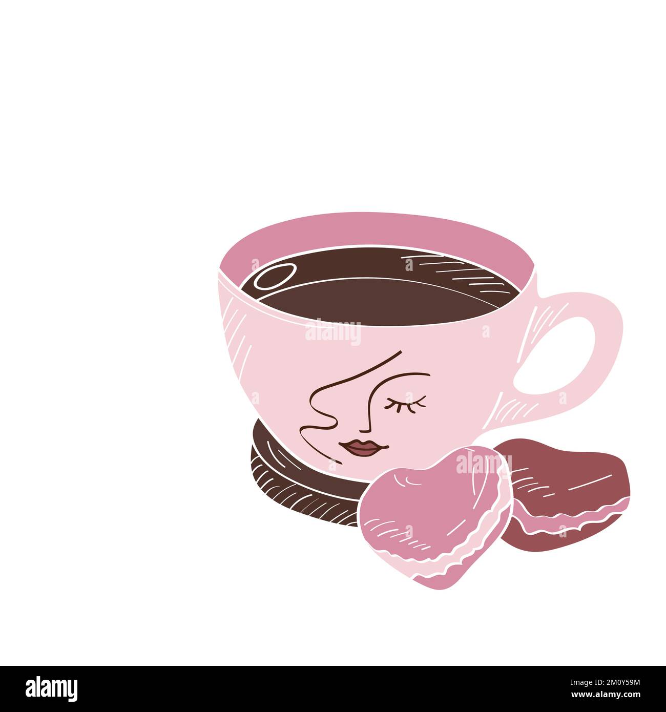 Una tazza di tè o caffè con macaron. Illustrazione vettoriale in stile piatto. Illustrazione Vettoriale
