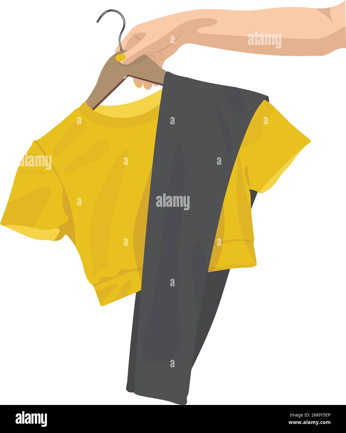 Mano della donna che tiene i vestiti su un appendiabiti. Illustrazione vettoriale nello stile di schizzo. Illustrazione Vettoriale