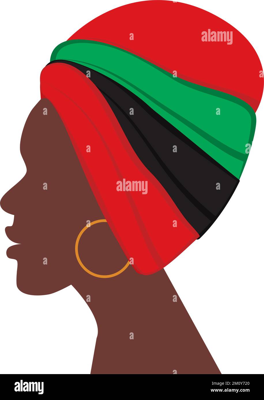 Profilo di donna afro-americana in headdress nazionale nelle tonalità africane tradizionali. Adesivo. Icona. Isolare. Ideale per lettere, striscioni, poster, biglietti, inviti o auguri, etichetta e prezzo. EPS Illustrazione Vettoriale