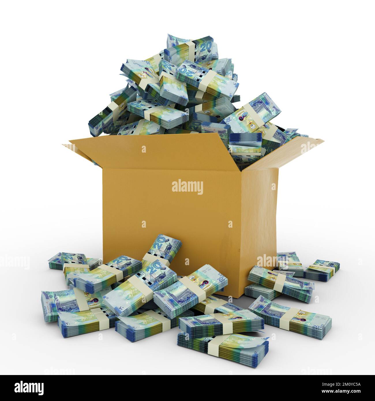 Rendering 3d della scatola di cartone piena di note dinari kuwaitiane isolate su sfondo bianco Foto Stock