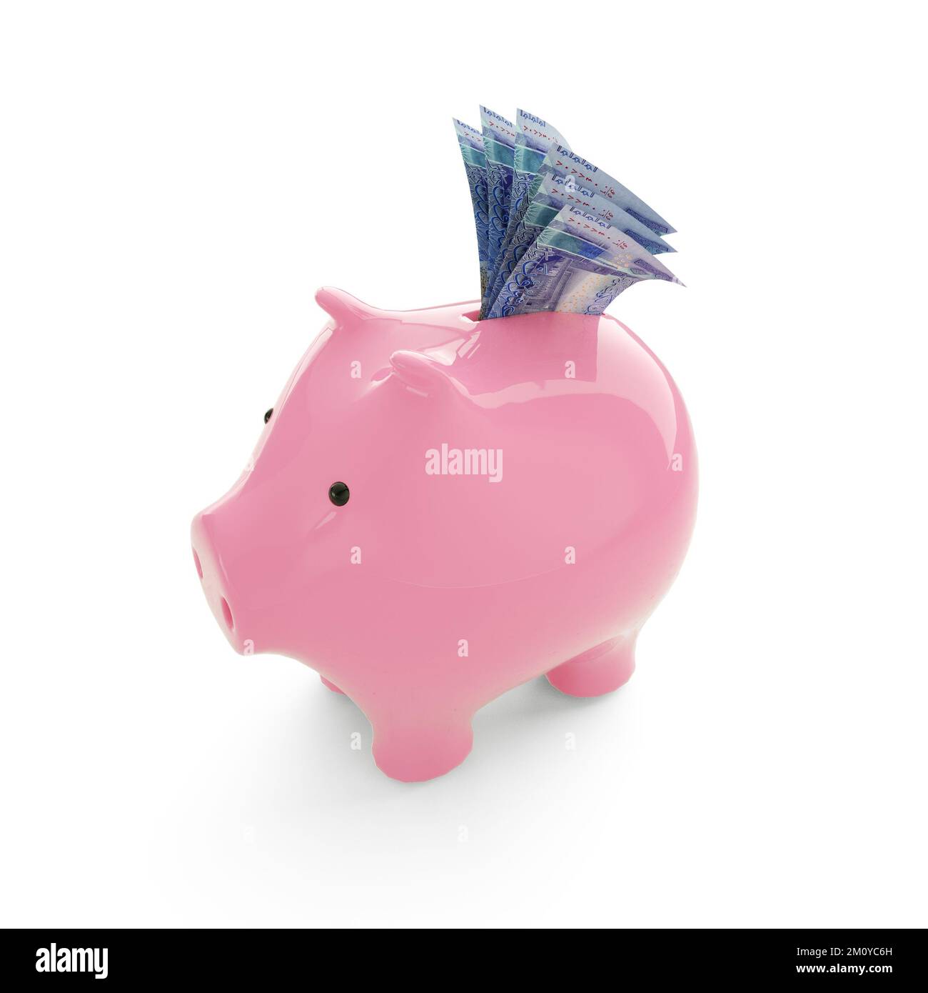 Dinaro kuwaitiano all'interno del salvadanaio rosa, soldi nel salvadanaio, concetto di risparmio, rendering 3d. Foto Stock