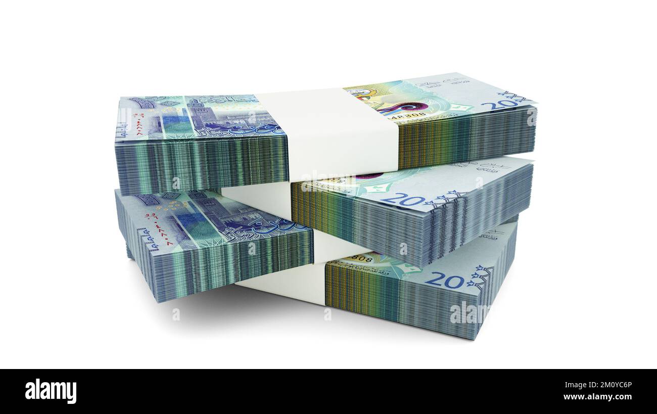 Rendering 3d delle note dinari kuwaitiane Stack of Kuwaiti. Pochi pacchetti di valuta kuwaitiana isolati su sfondo bianco Foto Stock