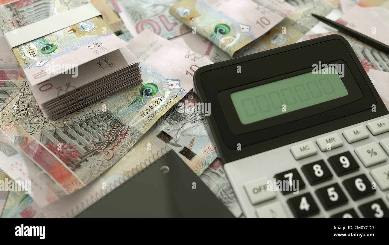 Le note del dinaro kuwaitiano si estendono con una calcolatrice, una penna e un quaderno. rendering 3d. Foto Stock
