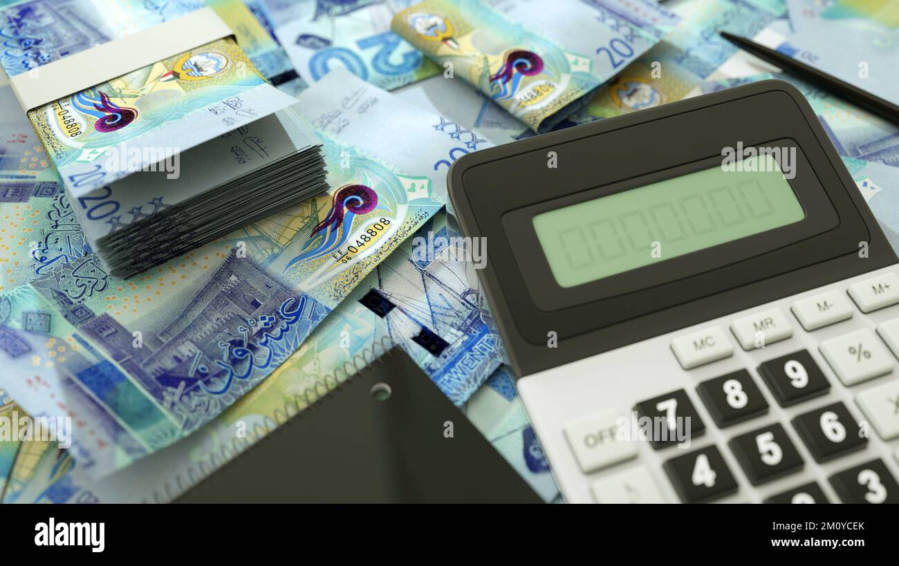Le note del dinaro kuwaitiano si estendono con una calcolatrice, una penna e un quaderno. rendering 3d. Foto Stock