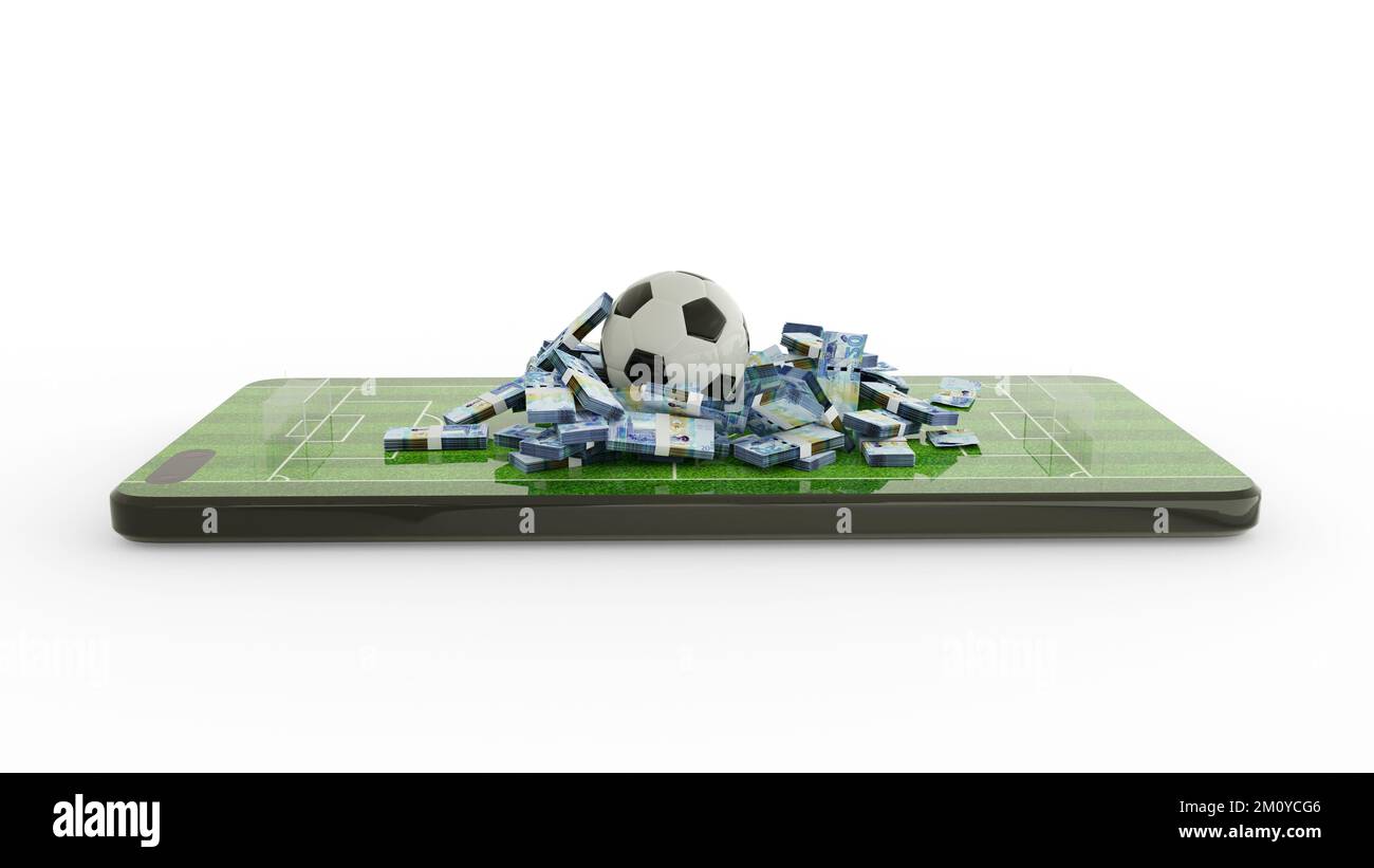 Rendering 3d delle scommesse calcistiche su telefoni cellulari. Note sul calcio e sul dinaro kuwaitiano sullo schermo del telefono. Campo da calcio sullo schermo dello smartphone isolato su bac bianco Foto Stock Rendering 3d delle scommesse calcistiche su telefoni cellulari. Note sul calcio e sul dinaro kuwaitiano sullo schermo del telefono. Campo da calcio sullo schermo dello smartphone isolato su bac bianco Foto Stock