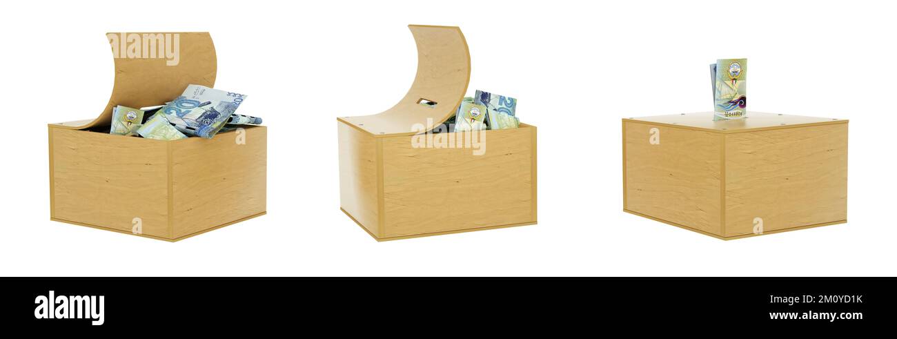 Note di dinaro kuwaitiano all'interno di una scatola di risparmio in legno aperta. insieme di concetto di risparmio. Generico Piggy Bank, Penny Bank, Money Box. rendering 3d. Foto Stock