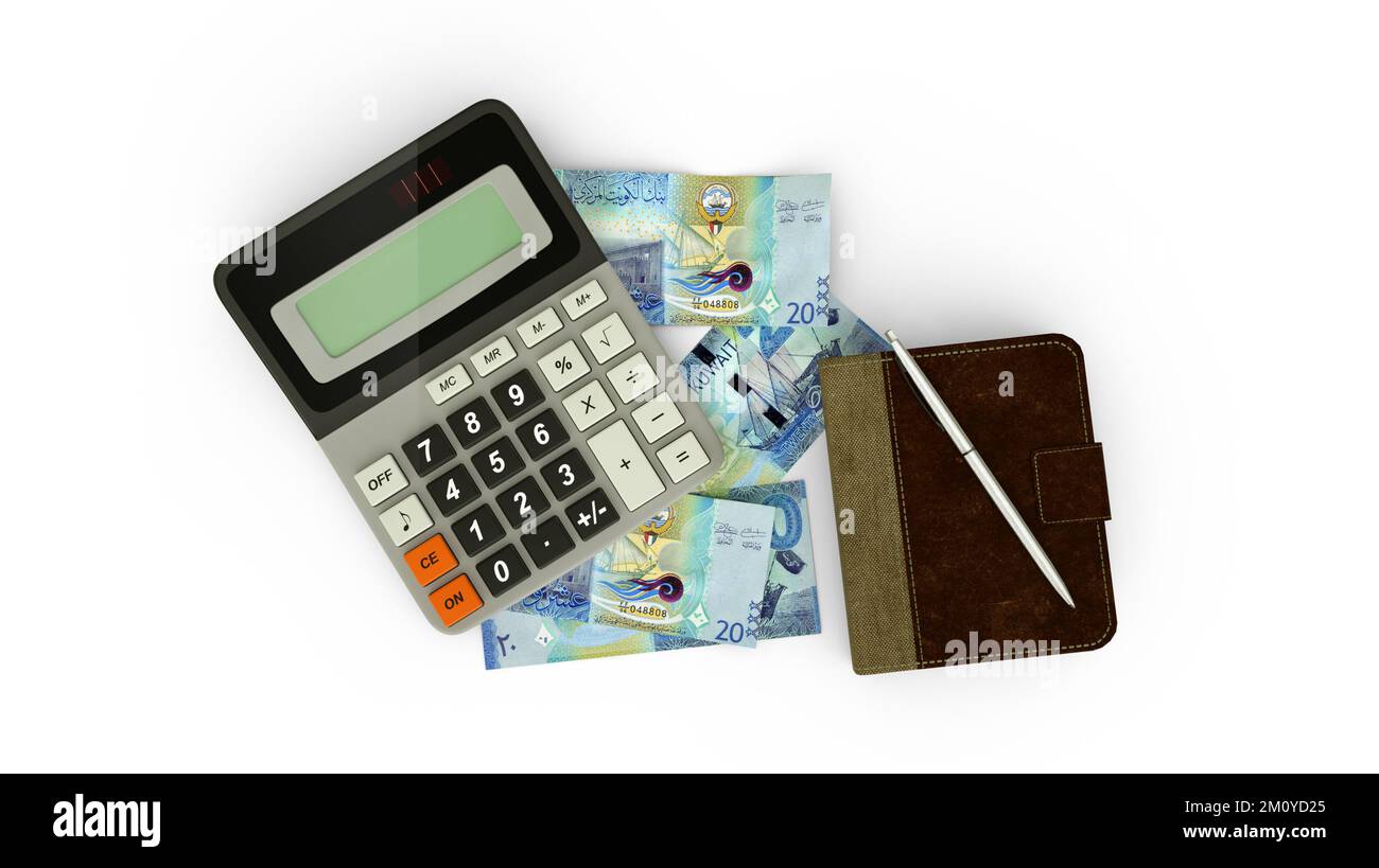 Rendering 3D di una composizione isolata di note dinari kuwaitiane, una calcolatrice, un libro di note e una penna Foto Stock