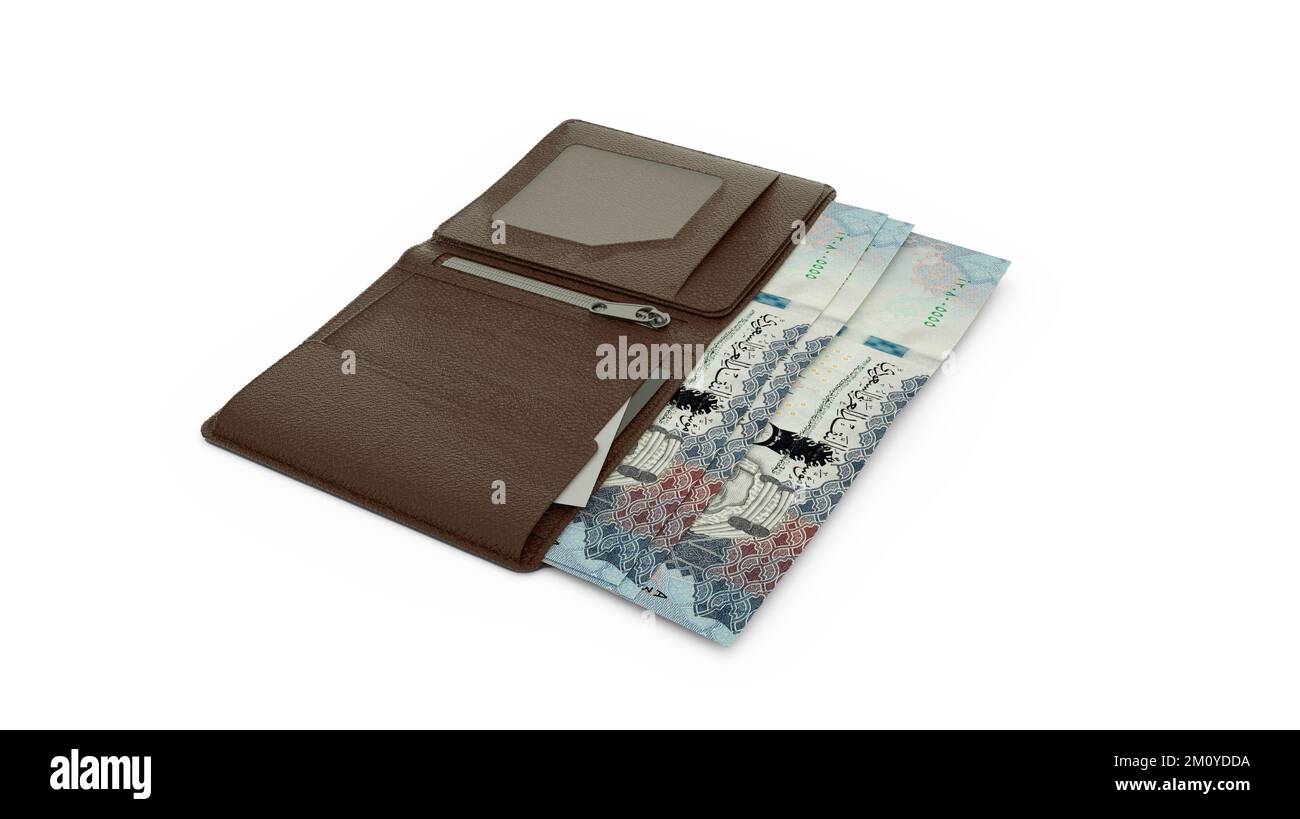 Rendering 3D delle banconote riyal saudite nel portafoglio Foto Stock