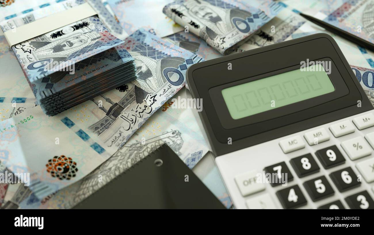 Le note di riyal saudite si estendono con una calcolatrice, una penna e un quaderno. rendering 3d. Foto Stock