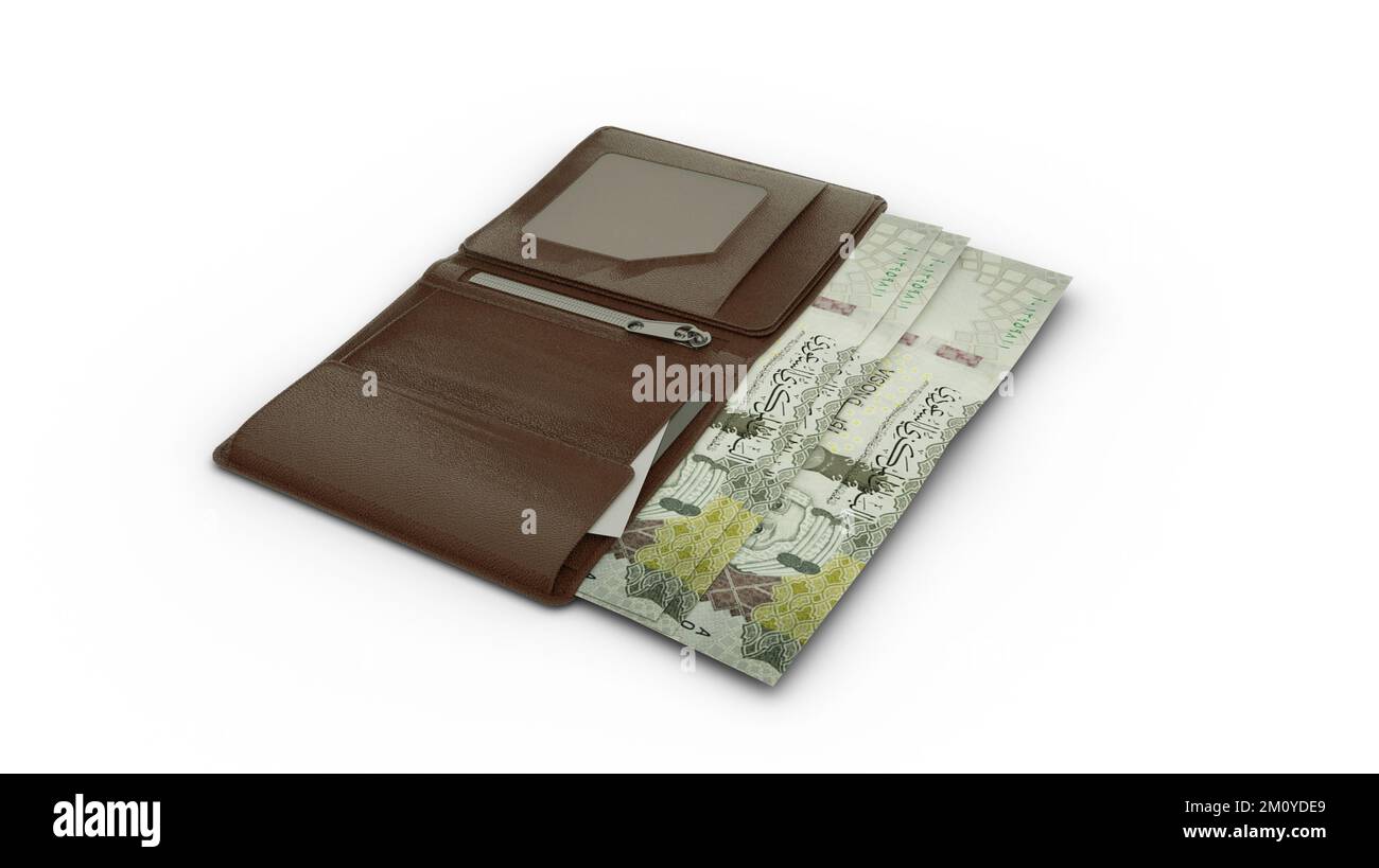 Rendering in 3D delle note Riyal dell'Arabia Saudita nel portafoglio Foto Stock