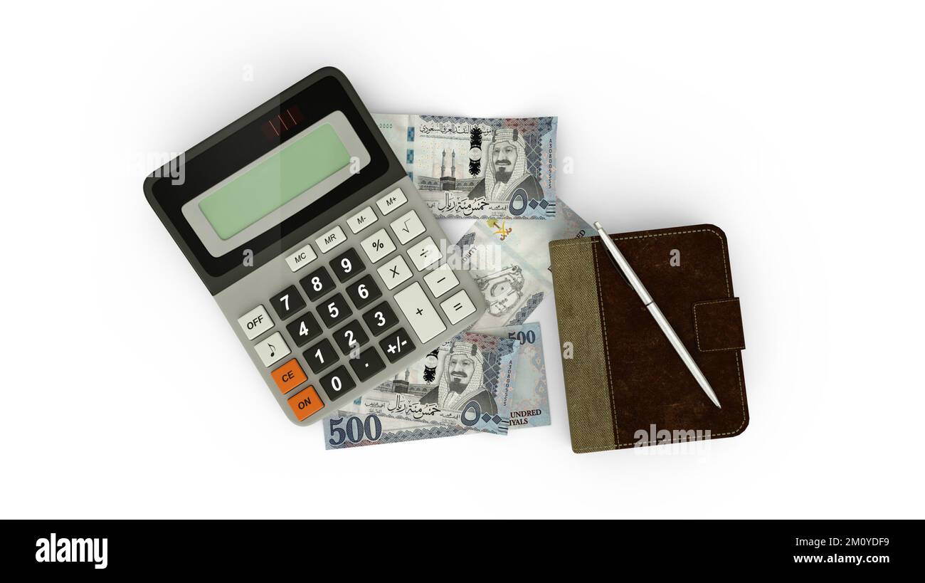 Rendering 3D di una composizione isolata di note riyal saudite, una calcolatrice, un libro di note e una penna Foto Stock