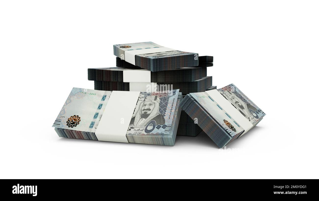 Rendering 3d delle note di Stack of Saudi Riyal. Pacchetti di banconote in valuta saudita isolati su sfondo bianco Foto Stock