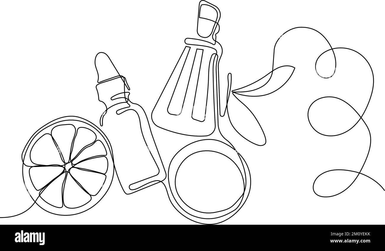 Disegno continuo di una linea di bottiglie con olio o miele o succo di limone o lime per lo scrubbing e la cura della pelle del corpo con prodotti naturali per la cura della pelle alle erbe, vista dall'alto degli ingredienti. Illustrazione vettoriale Illustrazione Vettoriale