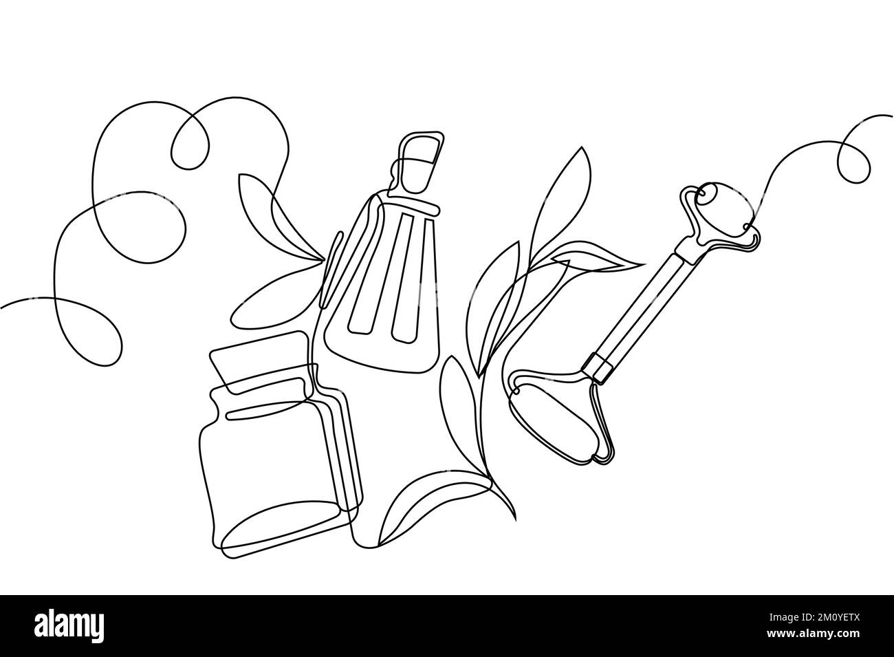Disegno continuo di una linea di bottiglie con olio o miele o succo di limone o lime per lo scrubbing e la cura della pelle del corpo con prodotti naturali per la cura della pelle alle erbe, vista dall'alto degli ingredienti. Illustrazione vettoriale Illustrazione Vettoriale