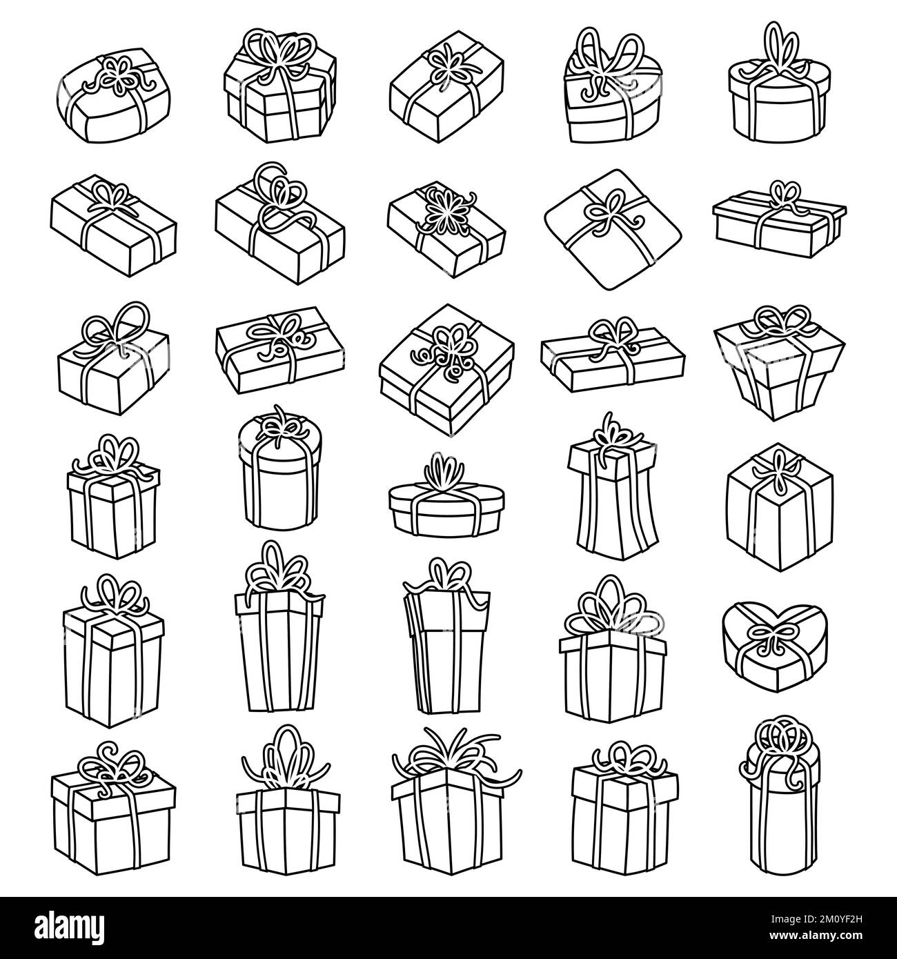 Confezione di illustrazioni vettoriali disegnate a mano di semplici scatole da regalo chiuse, confezioni di varie forme e dimensioni. Contorni neri per la colorazione. Illustrazione Vettoriale