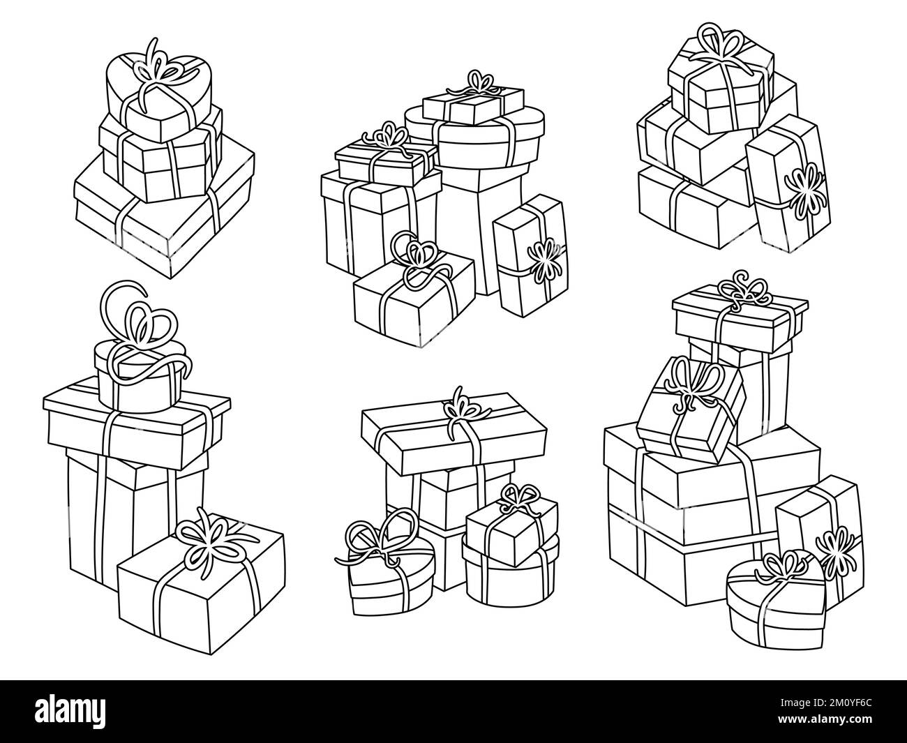 Illustrazioni vettoriali disegnate a mano di pile di scatole regalo semplici, colorate e chiuse. Contorni neri per la colorazione. Illustrazione Vettoriale